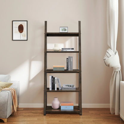 Rubber Wood Ladder Shelf - 5-Tier Bookcase for Multi-Room Use