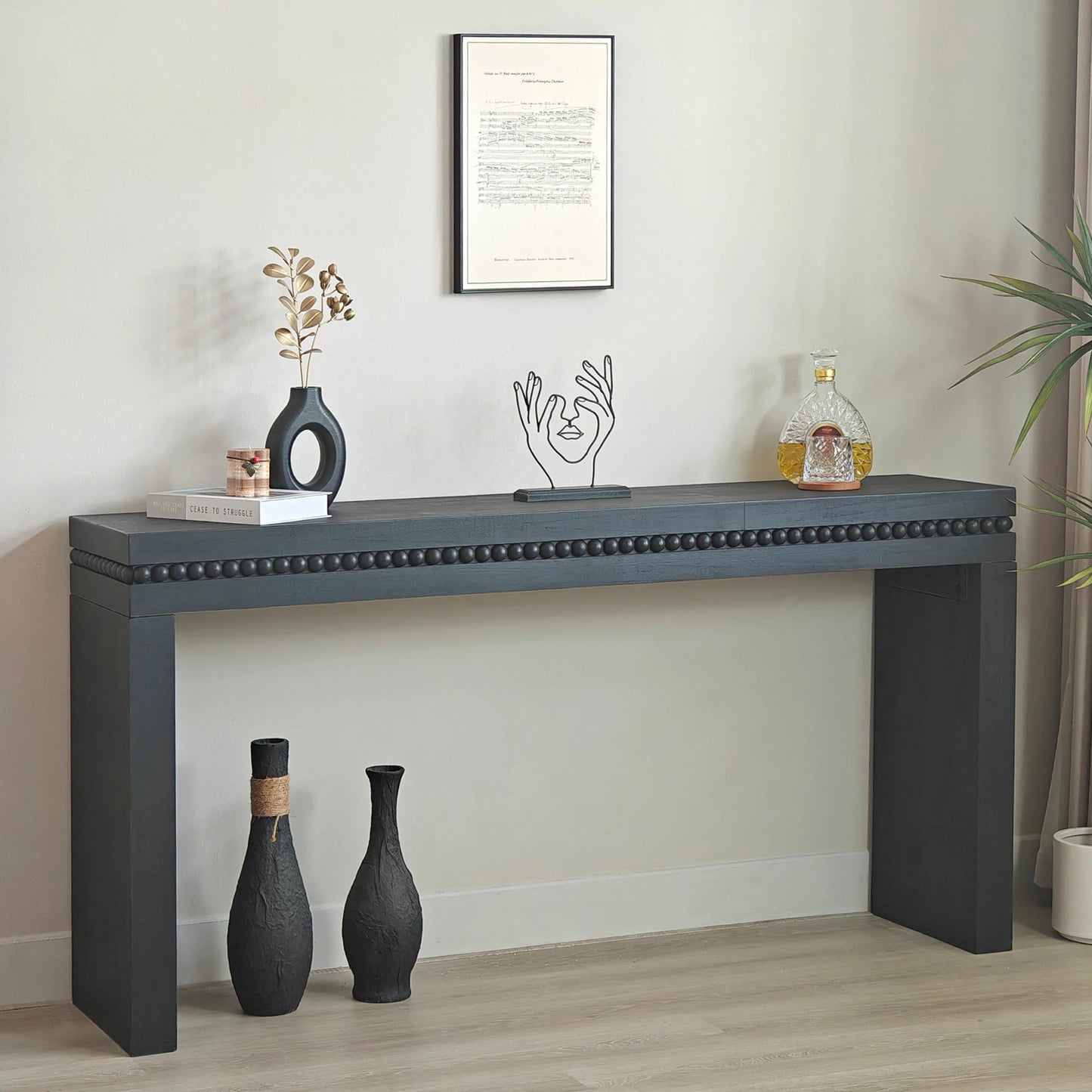 64" Rustic Console Table – Beaded Trim, Entryway & Living Room