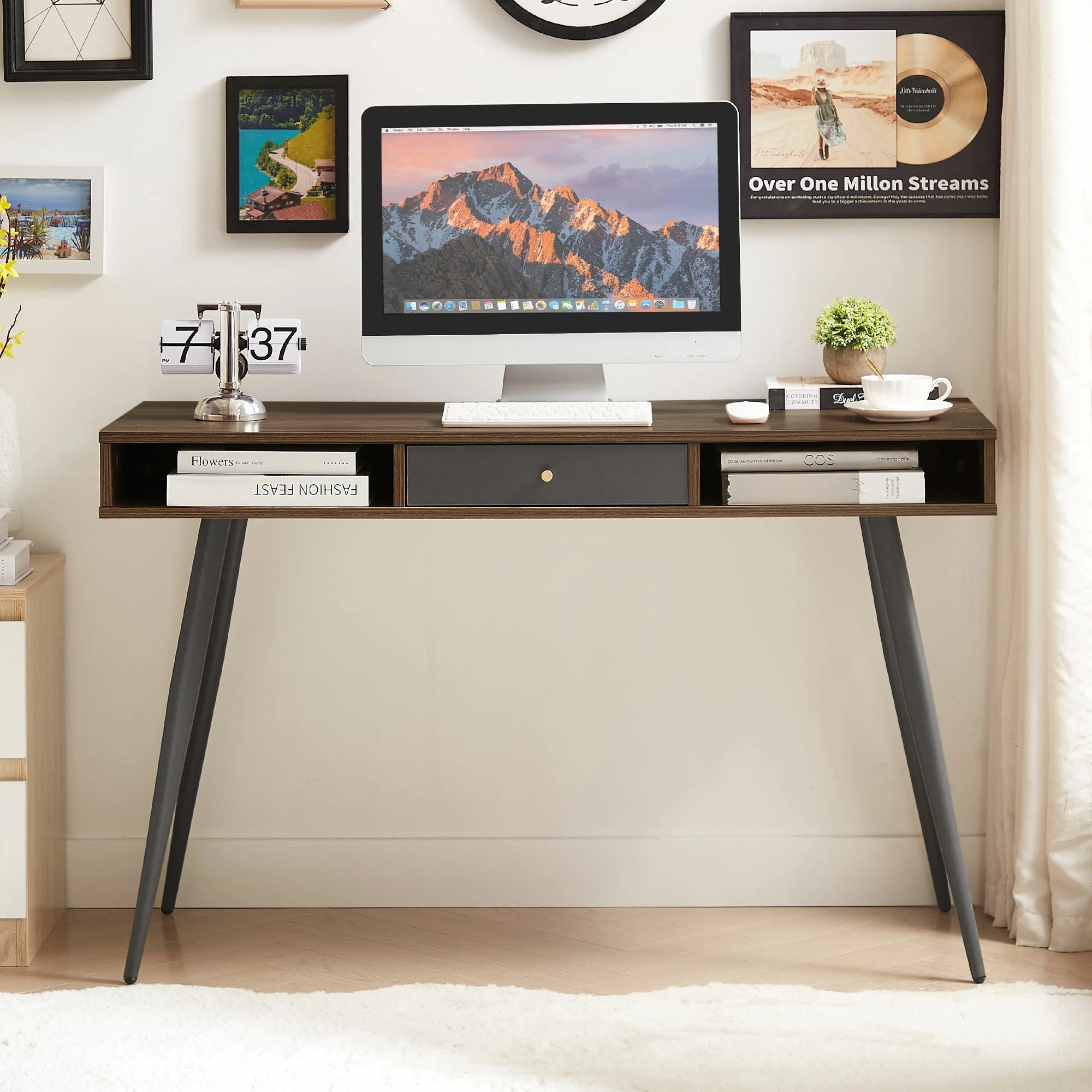 Modern Desk with USB Ports & Outlet, Drawers, Walnut & Black – Allcurved