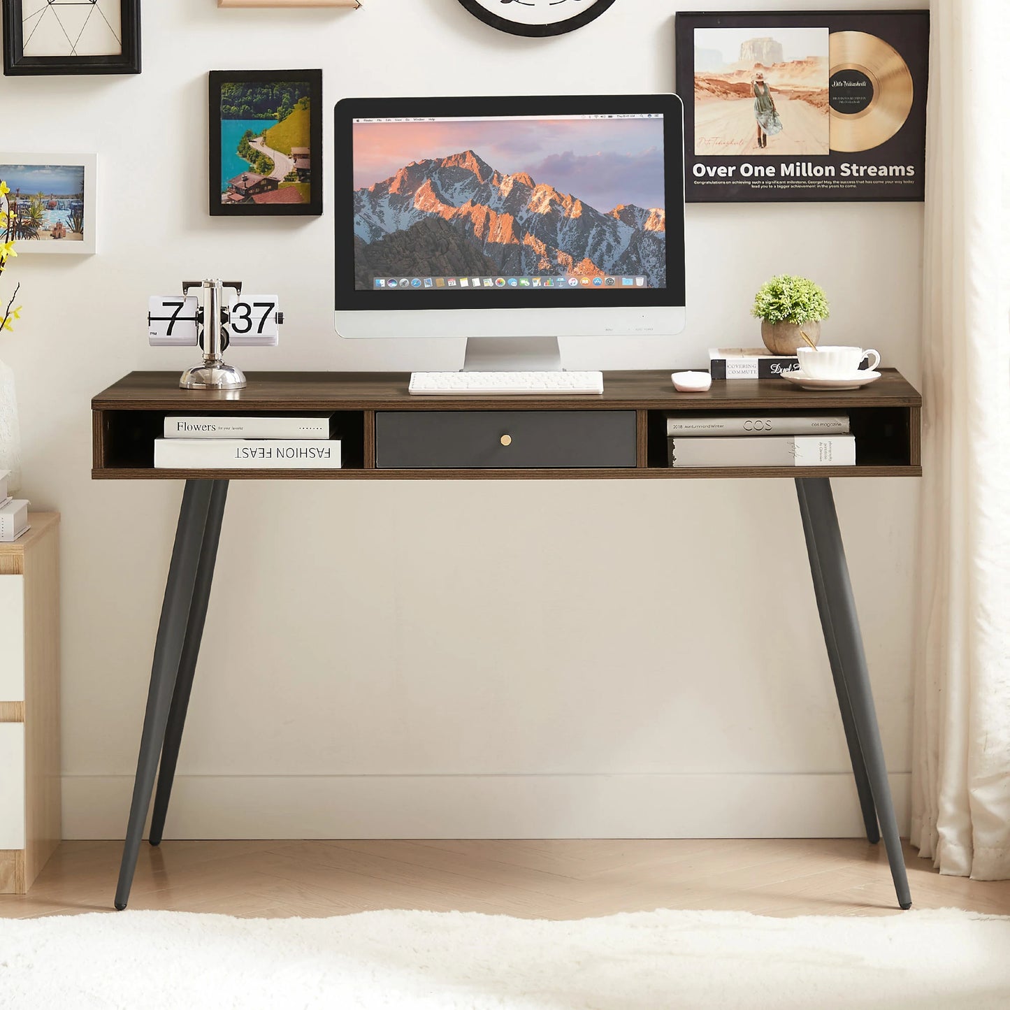 Modern Desk with USB Ports & Outlet, Drawers, Walnut & Black