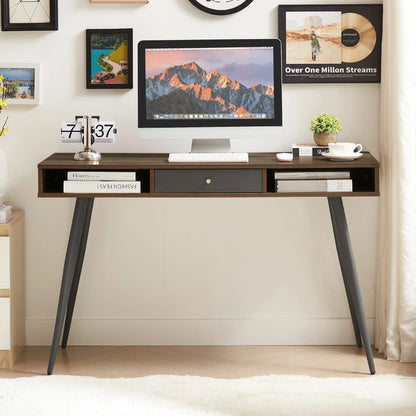 Modern Desk with USB Ports & Outlet, Drawers, Walnut & Black