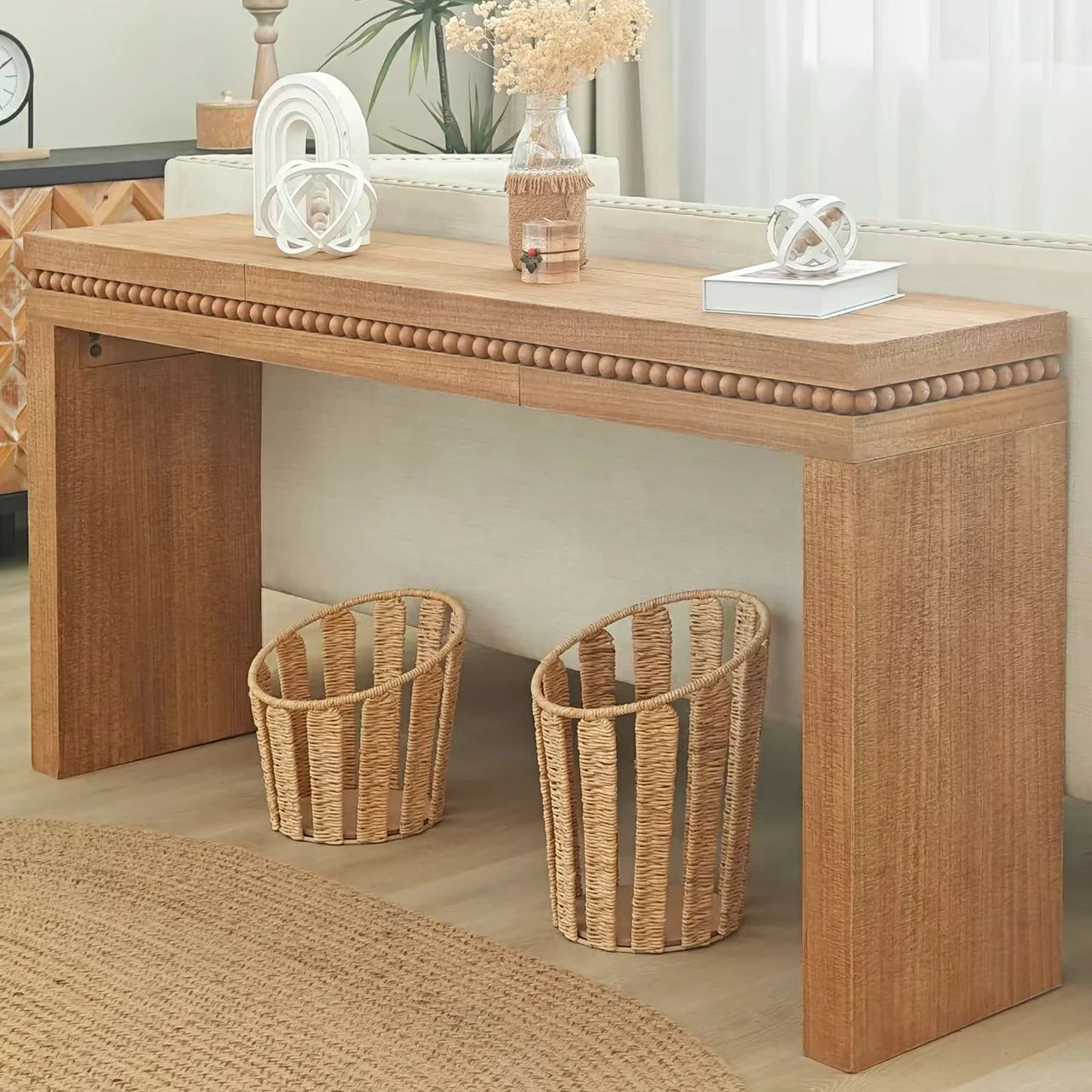 64" Rustic Console Table – Beaded Trim, Entryway & Living Room