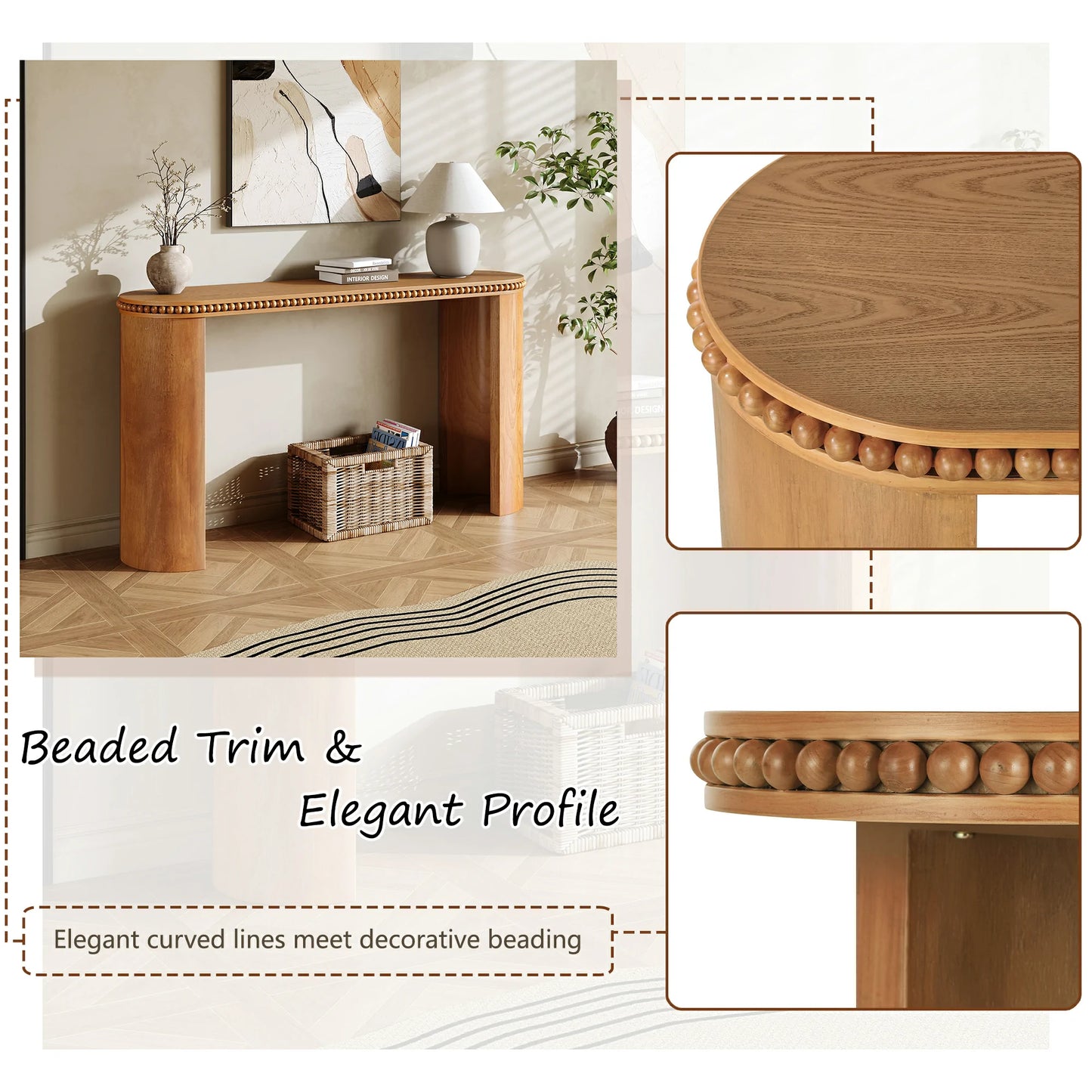 Mirod Vintage Console Table – Beaded Trim, Reversible Curved Legs