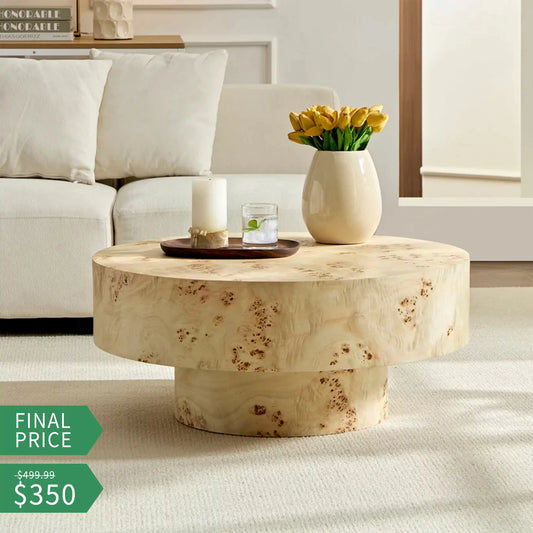 31.49''Mid Century Modern Round Wood Coffee Table with Burl Wood Veneer