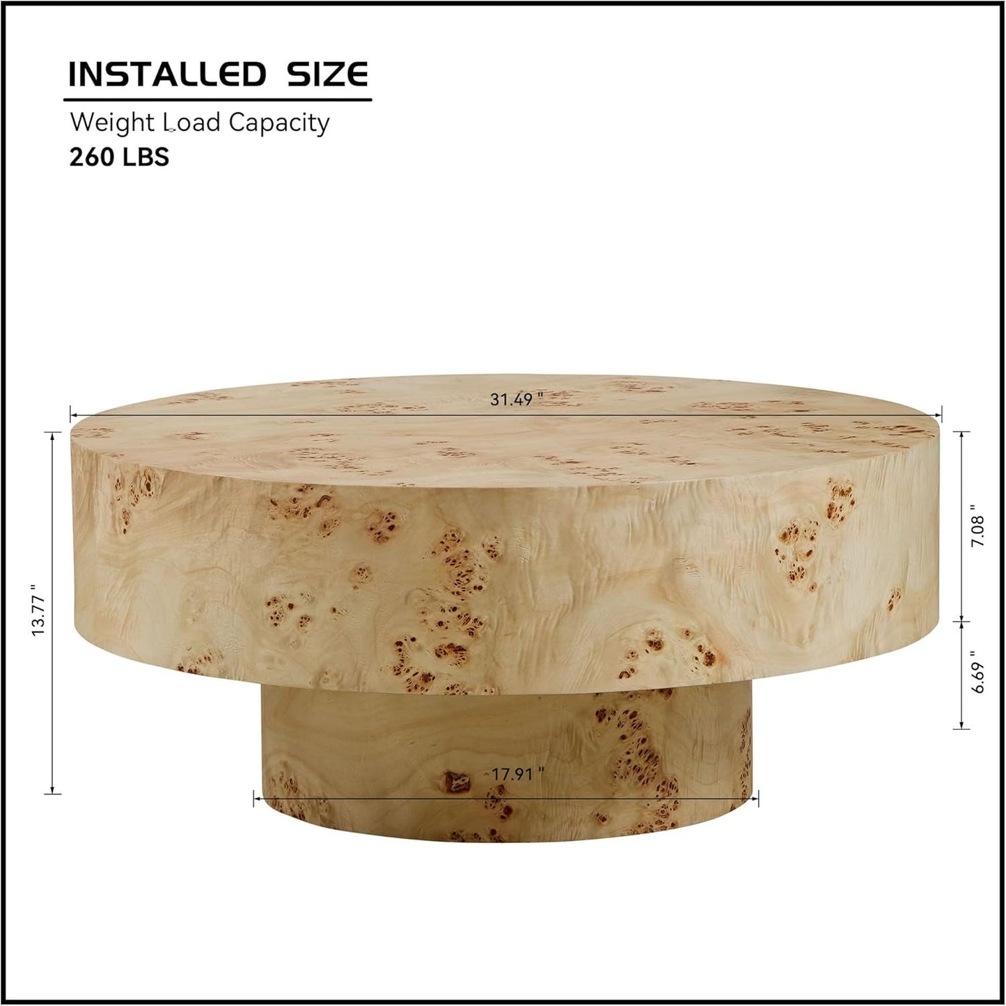 31.49" Round Burl Wood Coffee Table, Mid-Century Farmhouse Coffee Table For Living Room