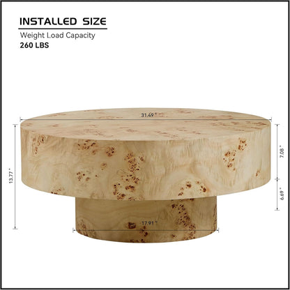 31.49" Round Burl Wood Coffee Table, Mid-Century Farmhouse Coffee Table For Living Room