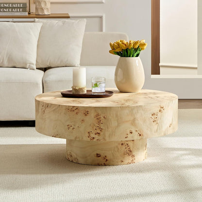 31.49" Round Burl Wood Coffee Table, Mid-Century Farmhouse Coffee Table For Living Room