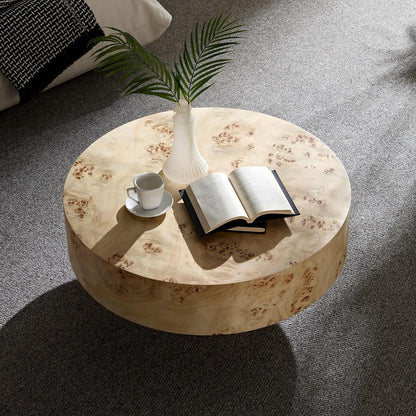 31.49" Round Burl Wood Coffee Table, Mid-Century Farmhouse Coffee Table For Living Room