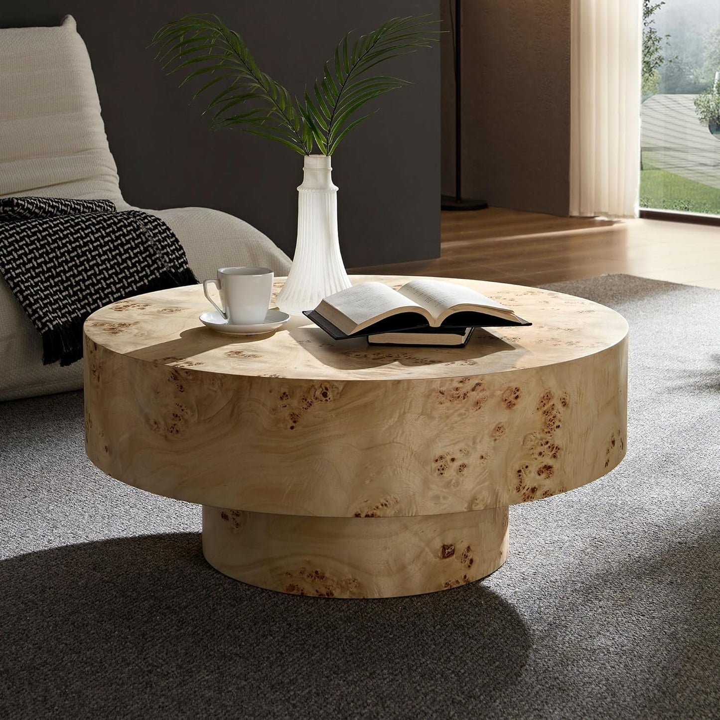 31.49" Round Burl Wood Coffee Table, Mid-Century Farmhouse Coffee Table For Living Room