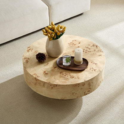 31.49" Round Burl Wood Coffee Table, Mid-Century Farmhouse Coffee Table For Living Room