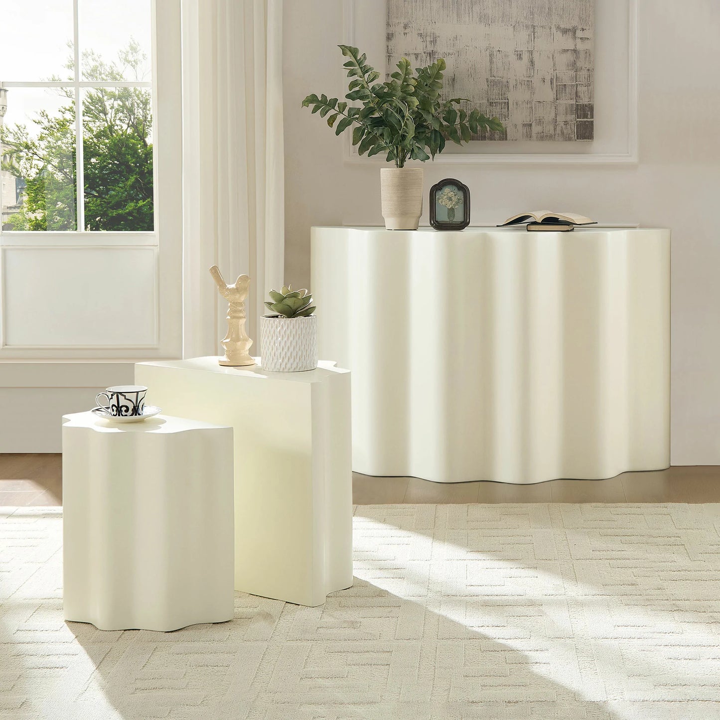 Modern Wavy Edge Fiberglass Set - Side & Console Table, No Assembly