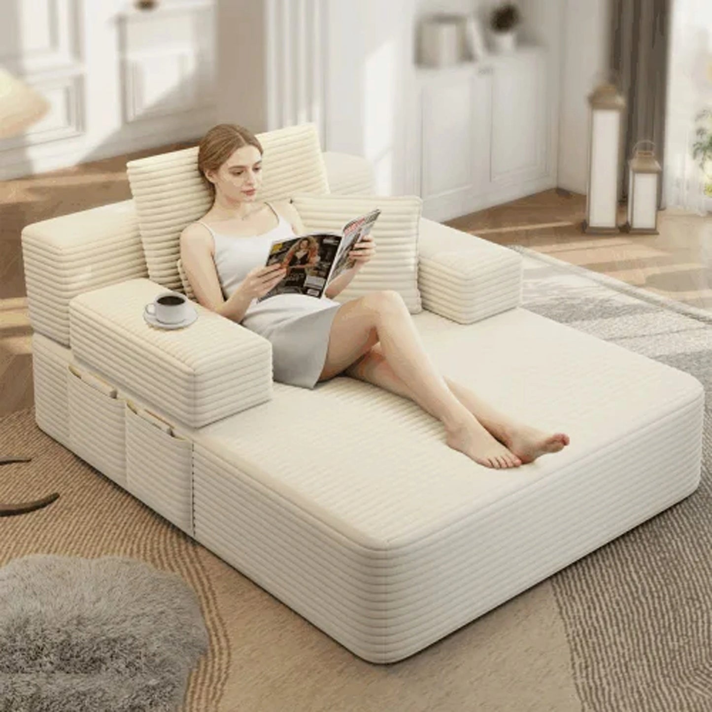 Plush Corduroy Chaise Lounge – Convertible Sofa Bed, Frameless