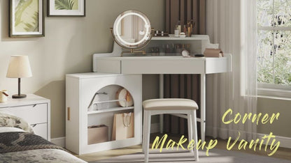 Corner Makeup Vanity Desk with LED Lights, Storage & Stool
