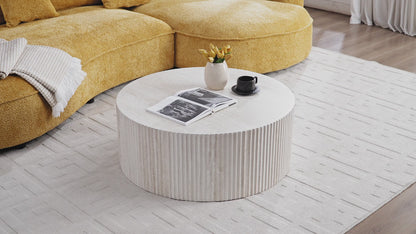 Faux Travertine Round Coffee Table with Eye-Catching Relief Design