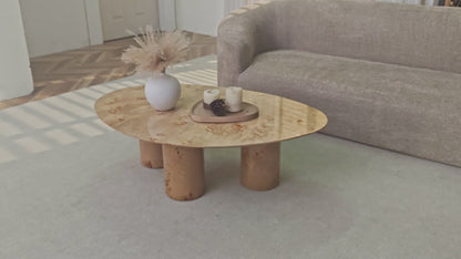 43.31" Burl Veneer Oval Coffee Table – 3 Cylindrical Legs, Mid-Century