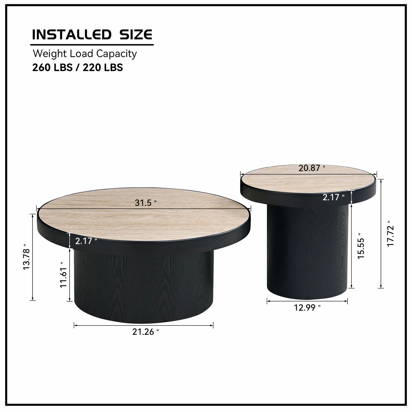 31.50“ Set of 2 MDF Round Coffee Tables with Sintered Stone Top - Black