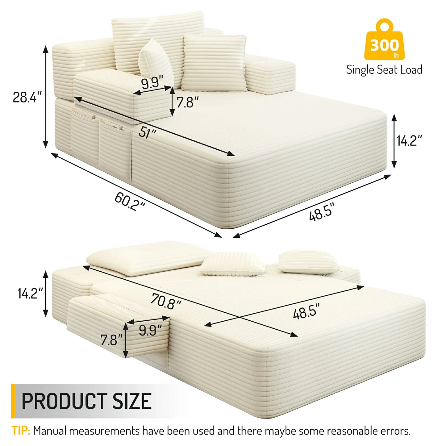 Plush Corduroy Chaise Lounge – Convertible Sofa Bed, Frameless