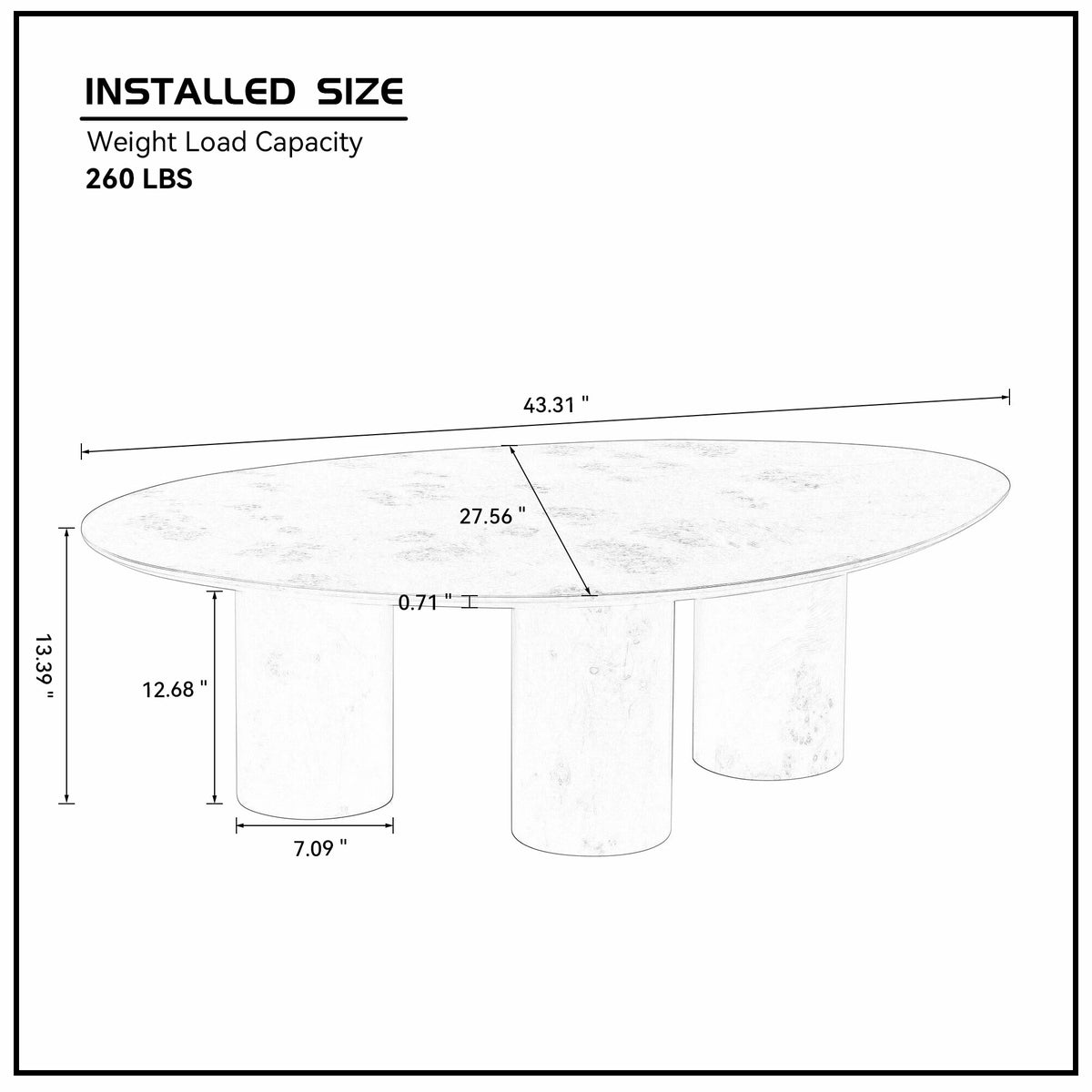 43.31" Burl Veneer Oval Coffee Table – 3 Cylindrical Legs, Mid-Century