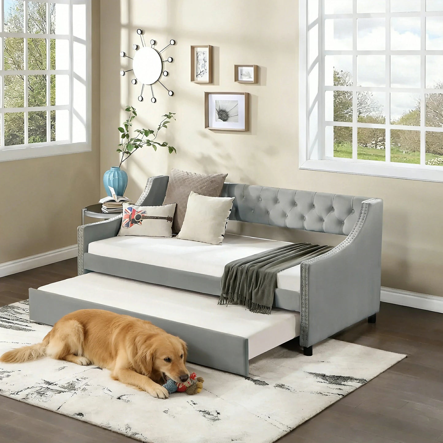 79*56"Daybed with Trundle Upholstered Tufted Sofa Bed, with Button and Copper Nail on Arms  Beige/Malmo