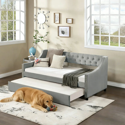 79*56"Daybed with Trundle Upholstered Tufted Sofa Bed, with Button and Copper Nail on Arms  Beige/Malmo