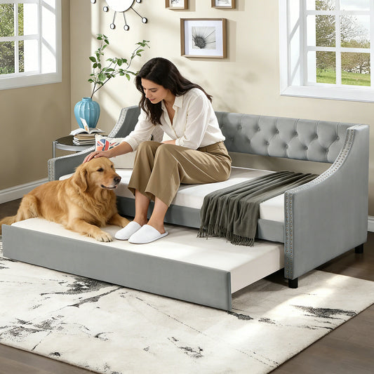 79*56"Daybed with Trundle Upholstered Tufted Sofa Bed, with Button and Copper Nail on Arms  Beige/Malmo