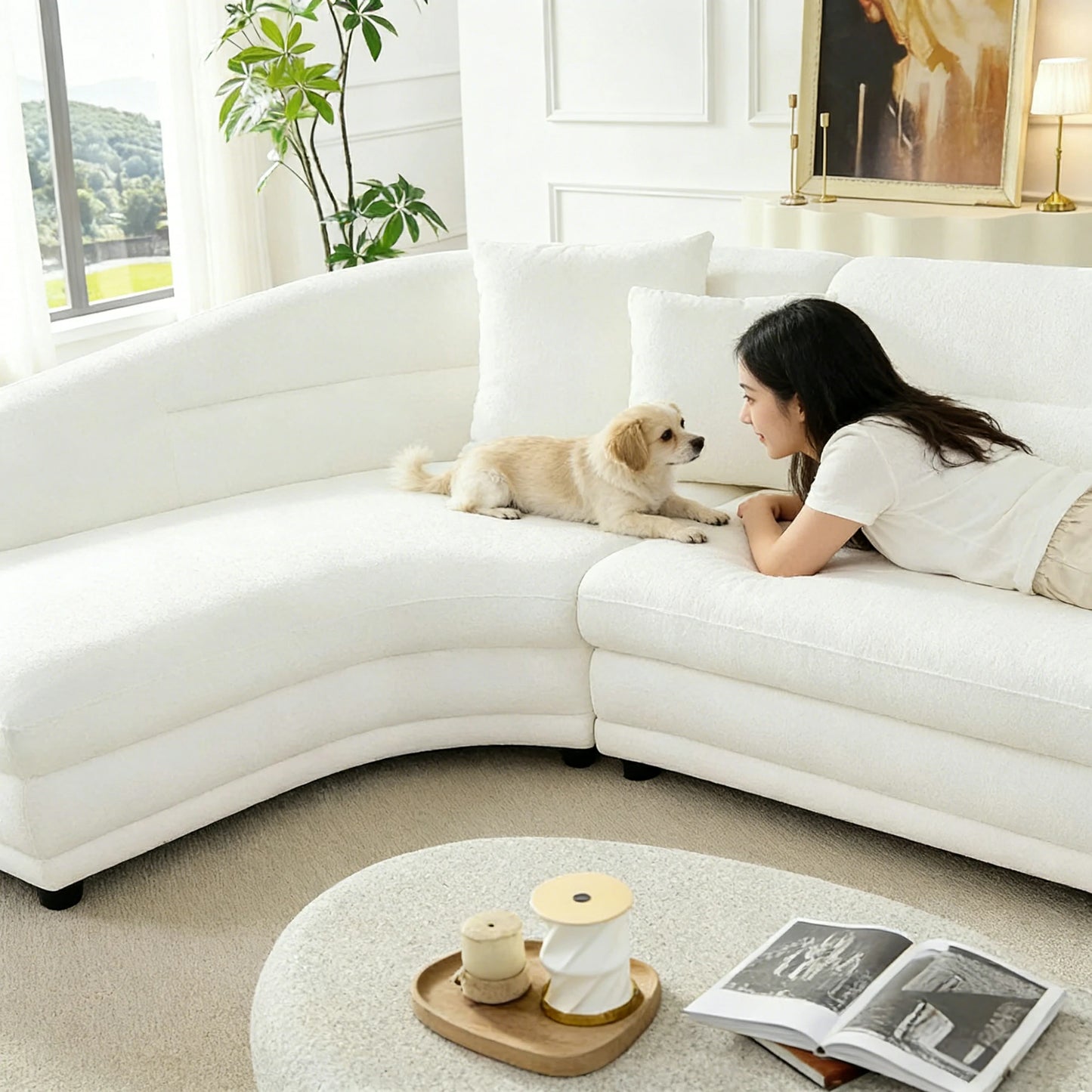125" Curved Modular Left/Right L-Shape Sofa – Comfy with Pillows, Upholstered