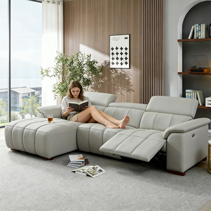 113" Piano Key Modern Power Reclining Leather Sofa with Theater Seating & USB Port
